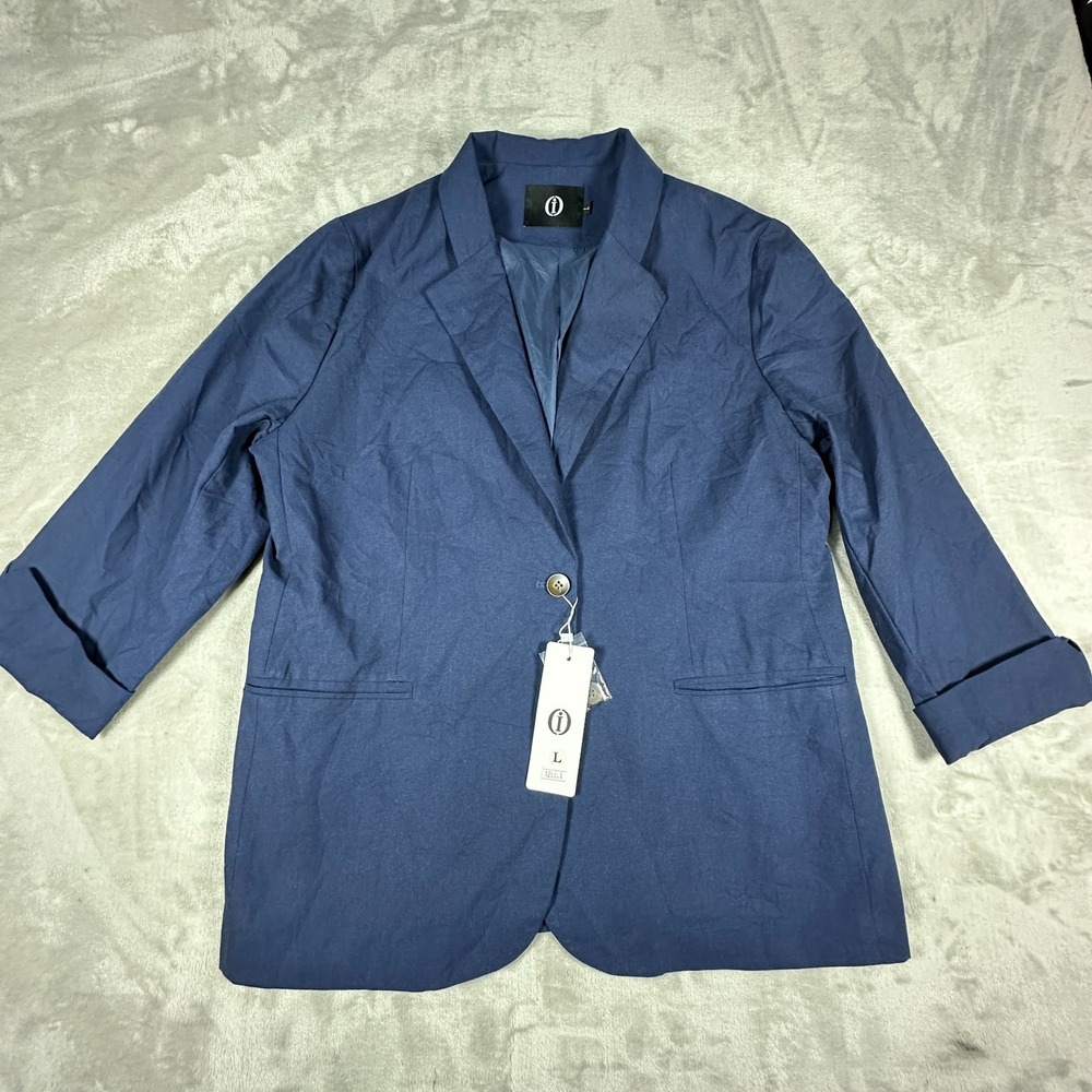 Womens Blazer Jacket Large Blue Lined Cotton Single Breasted Peak Lapel Formal